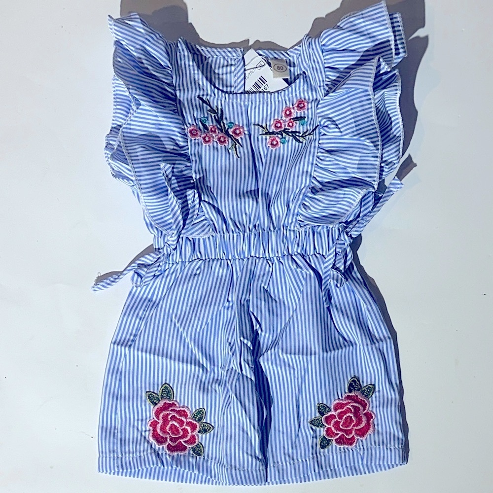 Blue Striped Ruffle Romper with Floral Embroidery